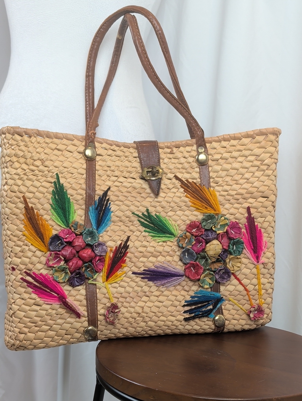 Vintage Handmade Raffia Straw Embroidered Floral Tote Bag